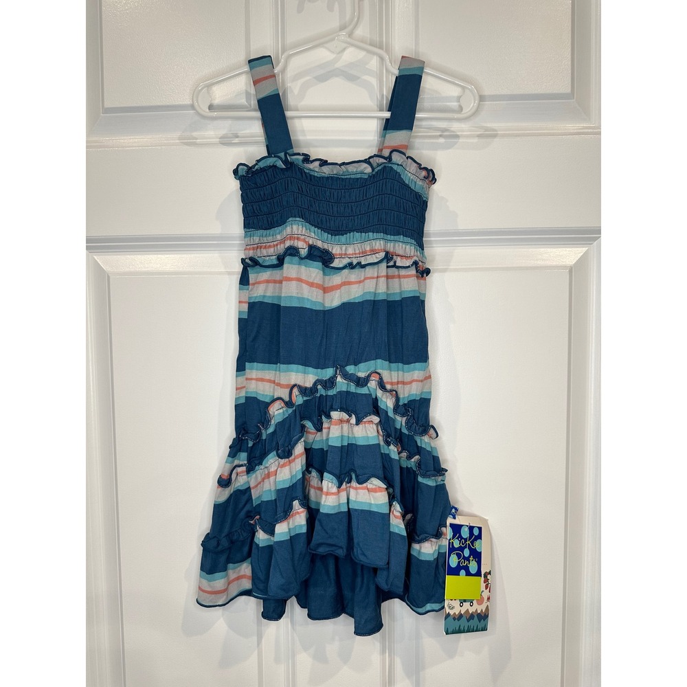 Little Kids KicKee Bamboo Blue Stripe‎ Smocked Ruffle Tiered Dress 2T